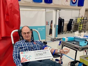 Dr. Robert Dors has donated blood for 42 years and recently reached his 150th donation. Having unique, O-negative blood makes him a universal donor because everyone can receive it, regardless of their blood type. (Supplied photo)