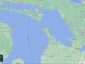 Peta Google menunjukkan Tobermory di ujung Semenanjung Bruce dan perbatasan Kanada-AS di Danau Huron.  (Google)