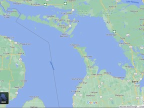 Google map showing Tobermory at the tip of the Bruce Peninsula and the Canada-U.S. border in Lake Huron. (Google)