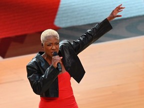 Canadian singer Jully Black singe Canada's National Anthem ahead of the NBA All-Star game between Team Giannis and Team LeBron at the Vivint arena in Salt Lake City, Utah, February 19, 2023.