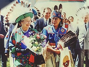 Wa Na Thna Wiya (Grizzly Sow) Una Wesley, former Bearspaw Chief, meets Queen Elizabeth II at Spruce Meadows for the inauguration of the Queen Elizabeth II Cup there in 1990.