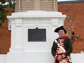 Doug Knutson dressed as Captain Meyers of the Loyal Rangers in front of Belleville's UEL monument. SUBMITTED PHOTO