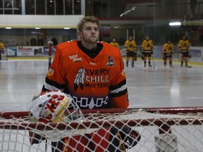 Wellington Dukes goalie Ethan Morrow is pictured wearing the team's Every Child Matters sweater prior to the start of Sunday's games against the Caledon Admirals. The Dukes wore the orange uniforms in support of the initiative.
