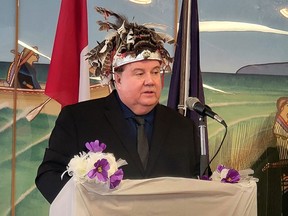 Mohawks of the Bay of Quinte Chief R. Donald Maracle addresses the crowd during a recent funding announcement at the Mohawk Community Centre in Tyendinaga Mohawk Territory. (Jan Murphy/Local Journalism Initiative Reporter)