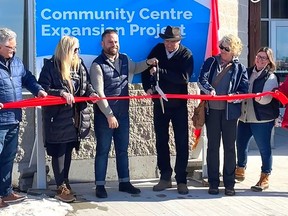 Asphodel Norwood cut the opening ribbon on their new fitness centre during the town's Family Day festivities on February 20. (LtoR) Councillors Barry Walsh and Paula Warr, MPP David Piccini, Mayor Pat Wilford, Deputy Mayor Lori Burtt, Councillor Stephanie Hodge-Greaves and Peterborough County Warden Bonnie Clark. PHOTO SUPPLIED BY ASPHODEL NORWOOD