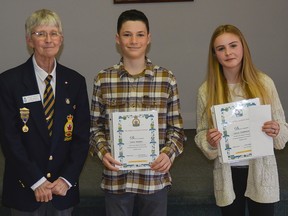 Pictured are Leslie Rogers, Chair Youth Education RCL Branch 106, Isaac Rinsma, Hastings Public School Gr 8, and Kayla Thompson, Roseneath Centennial Public School Grade 7. Missing from the photo was Maxine Beaver, Roseneath Centennial Public School Grade 8. EVELYN MCLEOD PHOTO