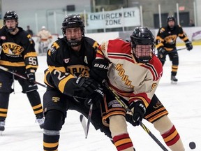 William Matekovic (right) of the Paris Mounties battles with a player from the Tavistock Braves in Provincial Junior C Hockey League action from earlier this season. Courtesy Censational Photography