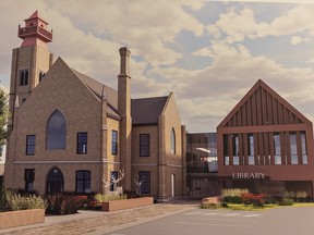 An artist's rendering shows the Bawcutt Center (left) — built in 1854 as the Paris Old Town Hall — combined with an adjacent new build that will become the new Paris library.