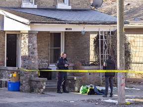 Brantford Police investigate a shooting on Tuesday morning February 14, 2023 at 245 Nelson Street in Brantford, Ontario. Police say one male victim was taken to hospital, and the incident is not believed to be random. Brian Thompson/Brantford Expositor/Postmedia Network