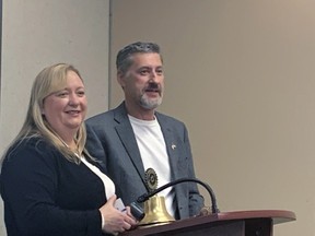 Pastor Oleg Stepus and his wife, Irene, of the Brantford Slavic Full Gospel Church recently received a cheque from the city of Brantford to help with ongoing Ukrainian refugee relief efforts.  Vincent Ball