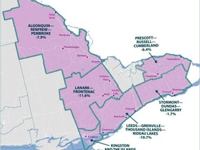 This map, taken from the Report of the Federal Electoral Boundaries Commission for Ontario, shows the proposed new configuration of boundaries in Eastern Ontario.