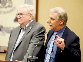 Sherwood Park Manor administrator Alfred O'Rourke, right, speaks to Brockville council earlier this year while Ken Durand, chairman of the manor's board, listens.