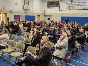 A large group of parents was on hand at École élémentaire catholique Sainte-Catherine in Pain Court, where they heard further details about a proposal to move Grade 7 and 8 students in the French Catholic system to École secondaire de Pain Court starting in 2024. Trevor Terfloth/Postmedia