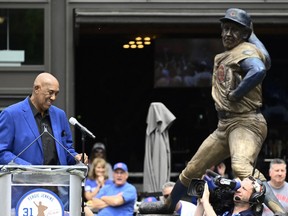 Former Chicago Cubs pitcher Fergie Jenkins speaks at Wrigley Field after his statue was unveiled in 2022. A replica statue will be unveiled in Chatham June 10. (Matt Marton/USA Today Sports)