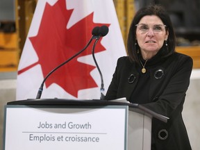 FedDev Ontario Minister Filomena Tassi speaks at a press conference on Monday, January 16, 2023 at the CapsCanada plant in Lakeshore, Ont.