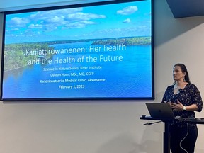 Akwesasne Medical Clinic Dr. Ojistoh Horn, speaking about Kanietarowanenen (the Great River) and the impacts of climate change to ecosystem and human health on Wednesday February 2, 2023 in Cornwall, Ont. Shawna O'Neill/Cornwall Standard-Freeholder/Postmedia Network