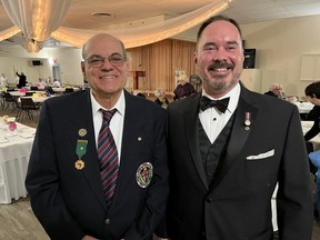 At the Cornwall and District Service Club Council banquet are outgoing president Dan Youmelle (left), and guest speaker Robert Gill (Army Cadet League of Canada executive director). Photo on Thursday, February 3, 2023, in Cornwall, Ont. Todd Hambleton/Cornwall Standard-Freeholder/Postmedia Network