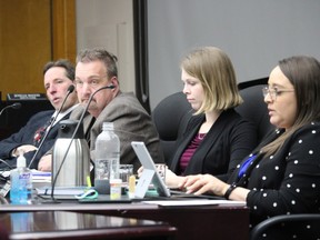 (From left) Couns. Dean Hollingsworth, Maurice Dupelle, Sarah Good and Carilyne Hebert during the regular meeting on Monday, Feb. 13, 2023. Photo in Cornwall, Ont. Todd Hambleton/Cornwall Standard-Freeholder/Postmedia Network