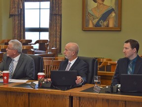 From left, SDG Couns. Frank Landry, Steve Densham, and Lachlan McDonald during a recent council meeting. Pictured on Wednesday February 15, 2023 in Cornwall, Ont. Shawna O'Neill/Cornwall Standard-Freeholder/Postmedia Network
