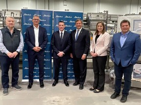 L-R: Rich Vesta, Minister Toews, Minister Horner, Parliamentary Secretary van Dijken, MLA Pitt and Paul McLauchlin at Harmony Beef for the Alberta Agri-Processing Investment Tax Credit announcement. Alberta Government photo