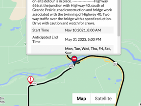Alberta 511 map shows information about closures, incidents and more. Highway 40 will have detours to accommodate continuing construction.