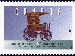 A stamp showing a Still Motor Co. Ltd. 1899 electric van, Parker's Dye Works delivery van. Part of the Historic Land Vehicles Series, issued June 8, 1996.