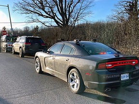 A Kingston Police cruiser stopped behind a vehicle caught travelling 169 km/h in a posted 70 km/h zone on Kingston Mills Road in Kingston, Ont., on Monday, Feb. 20.