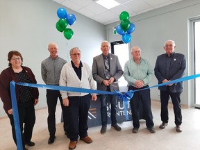 Members of South Frontenac Township council and township staff officially open the newly renovated Storrington Centre on Battersea Road. Among those on hand are, from left, chief administrative officer Louise Fragnito, Coun. Steve Pegrum, Coun. Norm Roberts, Mayor Ron Vandewal, Deputy Mayor Ron Sleeth and Coun. Ray Leonard.