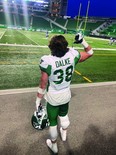 Dalke rocks the green and white as a member of the Saskatchewan Roughriders following a preseason game against the Winnipeg Blue Bombers, May 31, 2022. (Supplied)