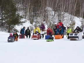 Photo by KEVIN McSHEFFREY
The last Mount Dufour Sled Box Derby in 2020 drew a dozen competitors sliding down the Beginners’ hill.