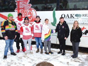 Photo by KEVIN McSHEFFREY
The TD Bank and the Red Wings hockey team are sponsoring an Elliot Lake Pride Junior A hockey game on Feb. 17. Launching the promotion are: Christopher Elliott – Red Wings DJ and Pride committee member, three Red Wings players Cameron Dial, Alex Antoine and team captain Ethan Mercer, Elliot Lake Pride president Chantal MacEachern, Red Wings coach Chris Keleher and TD branch manager Liz Clark.