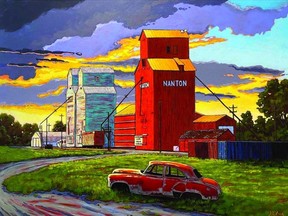 A painting of Nanton's grain elevators