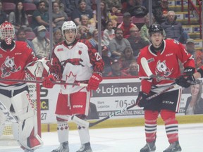 Soo Greyhounds forward Marco Mignosa and Niagara IceDogs goaltender Josh Rozenweig during first period OHL action at the GFL Memorial Gardens back on Nov. 5.  The Hounds won 5-2 over the the St. Catharines based IceDogs.