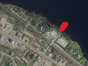 The City of Pembroke is warning people about an area of open water and/or thin ice on the Ottawa River offshore from the pollution control plant. Map by City of Pembroke