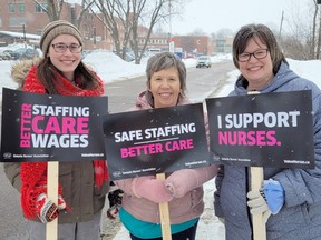 From left, Ontario Nurses' Association members Corinne Clarke, Liz Rosamond, and Jennifer Krieger, were among nursing staff members from the Pembroke Regional Hospital who picketed at the corner of Mackay and Deacon Streets in Pembroke Thursday, calling on the province to provide for better staffing, better wages and better care. Anthony Dixon