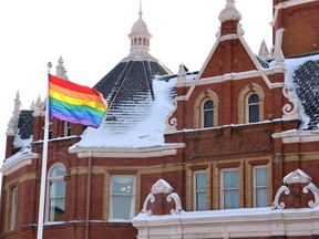In anticipation of Winter Pride Days in the City of Stratford Feb. 9-12, the Pride flag was raised at Startford city hall Friday morning as a show of support for the local LGBTQ2S+ community. Galen Simmons/The Beacon Herald/Postmedia Network