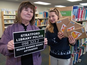 Stratford librarians Heather Lister (left) and Robyn Godfrey are getting ready for Freedom to Read Week, a celebration of noteworthy books that have been banned or challenged because of their content.  Chris MontaniniStratford Beacon Herald