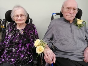 Naomi and Irvie Burkhart celebrated their 74th wedding anniversary Jan. 25, the same day Naomi turned 100. Irvie turns 100 in May, their daughter Rebecca Woolvett said. (Submitted)