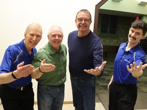 Bluewater Chordsmen members, from left, Dale Werner, Paul Greaves, Mark Wighton and Bryce Robbins are shown at a recent rehearsal in Sarnia.  Members will be out Feb.  14 delivering singing Valentines in Sarnia and Corunna.