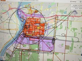 A map shows where police searched for late Sarnia man Anthony Robertson after he went missing Dec. 29. The red lines indicate where searchers walked, purple is where a police drone flew, black lines are the path of an OPP helicopter, and a blue line is where a marine unit searched in the St. Clair River, police said.  (Screenshot)