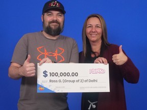Ross Groat and Marcia Wright of Delhi won $100,000 recently on an Instant Plino scratch ticket. OLG PHOTO