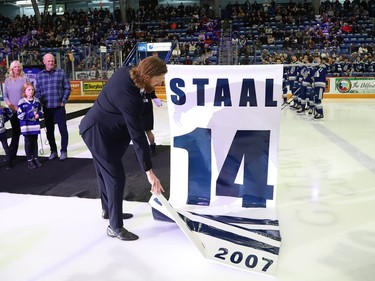 Former Sudbury Wolves great Marc Staal is honoured at a Wolves pre-game ceremony at the Sudbury Community Arena in Sudbury, Ont. on Friday February 3, 2023. His number was raised to the rafters as part of the ceremony. John Lappa/Sudbury Star/Postmedia Network