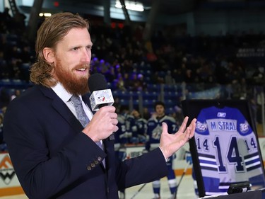 Former Sudbury Wolves great Marc Staal is honoured at a Wolves pre-game ceremony at the Sudbury Community Arena in Sudbury, Ont. on Friday February 3, 2023. John Lappa/Sudbury Star/Postmedia Network