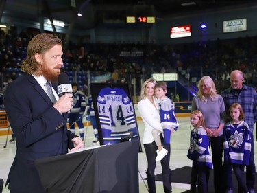 Former Sudbury Wolves great Marc Staal is honoured at a Wolves pre-game ceremony at the Sudbury Community Arena in Sudbury, Ont. on Friday February 3, 2023. John Lappa/Sudbury Star/Postmedia Network