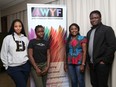 High school students Hammirah Eletu, left, and Joanna Adefioye, and Adebola Adefioye, founder of the Afro Women and Youth Foundation, and Paul Adefioye, volunteer project manager, participated in a press conference in Greater Sudbury, Ont. on Monday February 13, 2023.