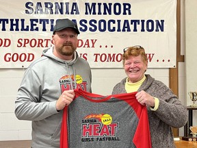 Sarnia Minor Athletic Association President Lynn LeFaive and Sarnia Heat Girls Fastball Chair Aaron Zimmer.
Submitted photo/Sarnia This Week