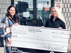 Platinum Properties' Courtney Levert (right) presented a cheque for $3,956 to Canadian Mental Health Association's Taylor Spinnato following the inaugural International Women's Day luncheon in 2022. The second annual luncheon will take place at Sarnia's Dante Club this year on March 8.
Handout/Sarnia This Week