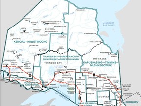 The map shows the proposed realignment of Northern Ontario as outlined in a report tabled Friday by the Federal Electoral Boundaries Commission for Ontario. If approved, it would result in a divvying up of several Northern Ontario ridings and leaving one less MP representing the North.