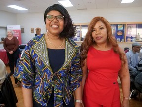 Tillsonburg's Olive Williams, left, organized a Black History Month celebration Sunday with her husband Courtney. They were supported by friend Jane Othman, on the right. CHRIS ABBOTT