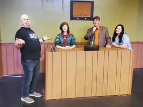 From left, Cake Walk co-director Arpad Andrew Horvath joins actors Nicole McTeer (Ruby), John Butterworth (Taylor) and Ally Ferreira (Leigh) on the Ingersoll Theatre of Peforming Arts stage.
(Jim Konopetski/Special to the Sentine;-Review)